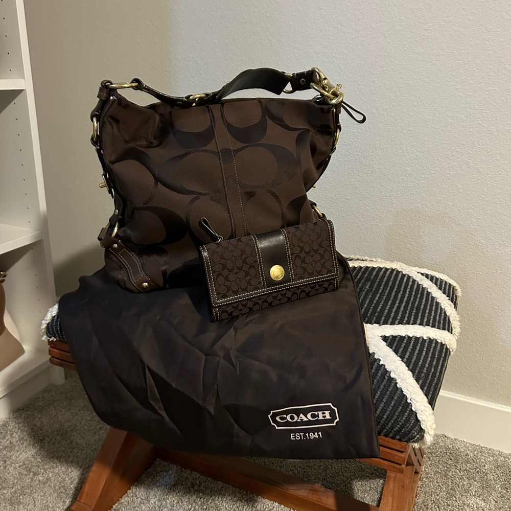 Chocolate brown purse with dust bag, and wallet